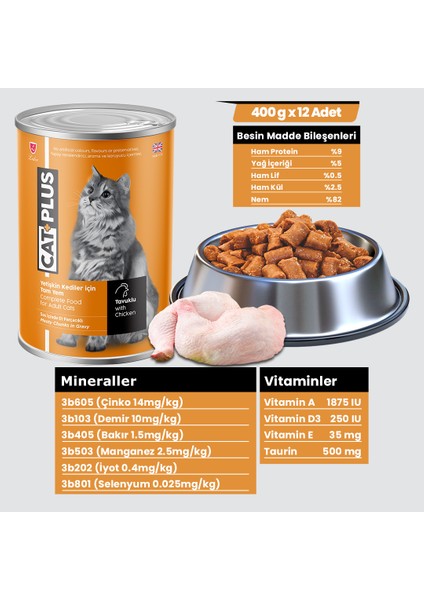 Sos Içinde Et Parçacıklı Tavuklu Yetişkin Kedi Konserve Yaş Mama 400 gr x 12 Adet