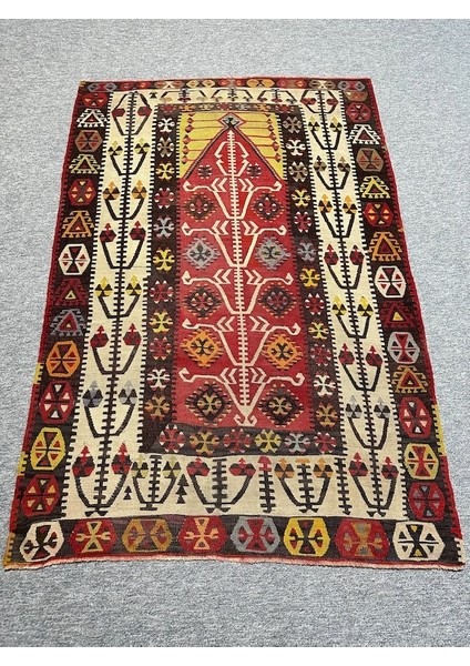 El Dokuma Seccade Gömürgen Kilimi 110X160 Kök Boya Antika Kilim