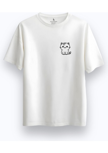 Unisex Oversize Bisiklet Yaka Kedi Baskılı Kısa Kollu Beyaz Tişört