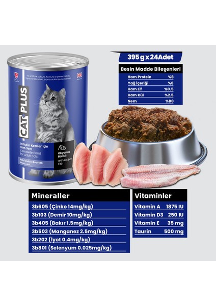 Pate Içinde Et Parçacıklı Okyanus Balıklı Yetişkin Kedi Konserve Yaş Mama 395 gr x 24 Adet