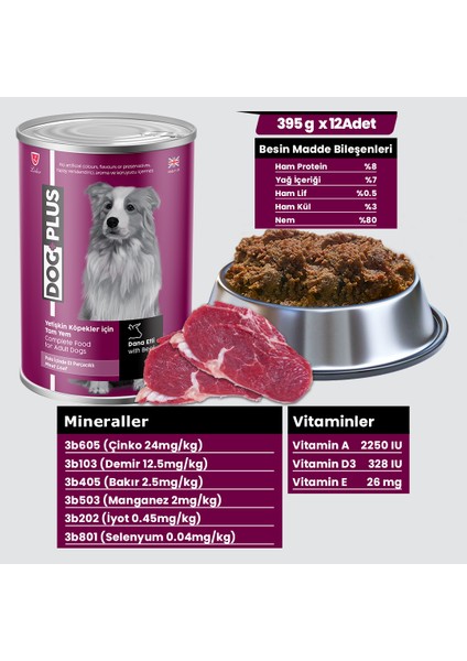 Pate Içinde Et Parçacıklı Dana Etli Yetişkin Köpek Konserve Yaş Mama 395 gr x 12 Adet