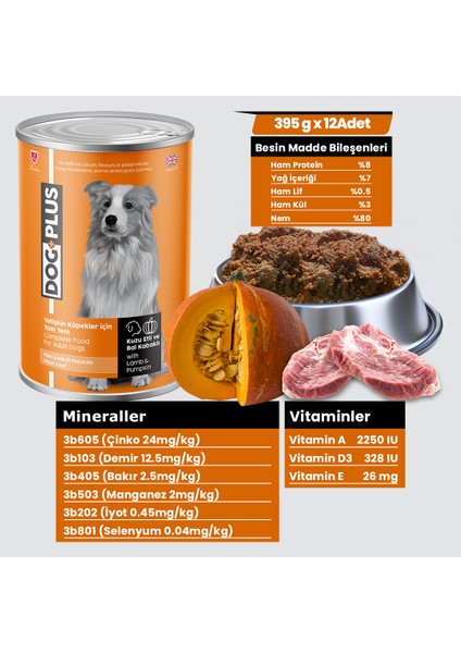 Pate Içinde Et Parçacıklı Kuzu Etli ve Balkabaklı Yetişkin Köpek Konserve Yaş Mama 395 gr x 12 Adet