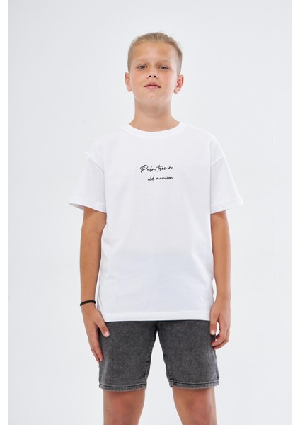Bisiklet Yaka Palmiye Baskılı Beyaz Çocuk T-Shirt