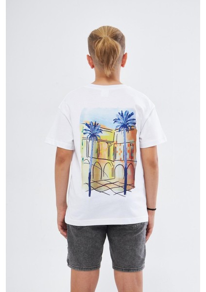 Bisiklet Yaka Palmiye Baskılı Beyaz Çocuk T-Shirt fiyatları