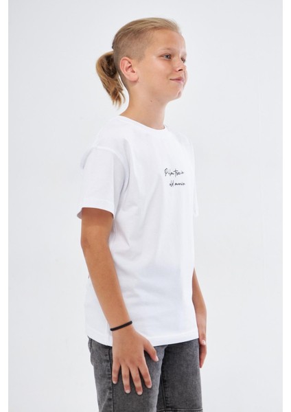 Bisiklet Yaka Palmiye Baskılı Beyaz Çocuk T-Shirt modelleri