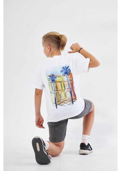 Bisiklet Yaka Palmiye Baskılı Beyaz Çocuk T-Shirt fırsatları