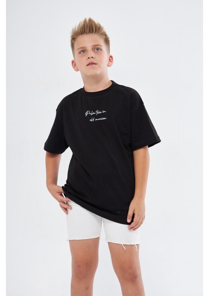 Bisiklet Yaka Palmiye Baskılı Siyah Çocuk T-Shirt modelleri