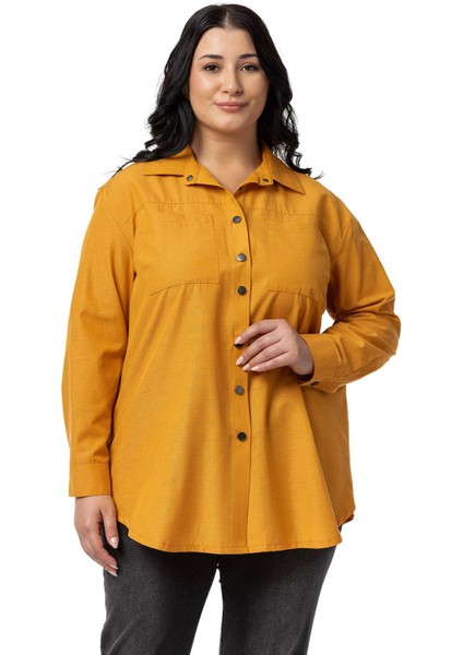 Büyük Beden Çıtçıt Kapamalı Plikaşeli Manşetli Cepli Hardal Gömlek