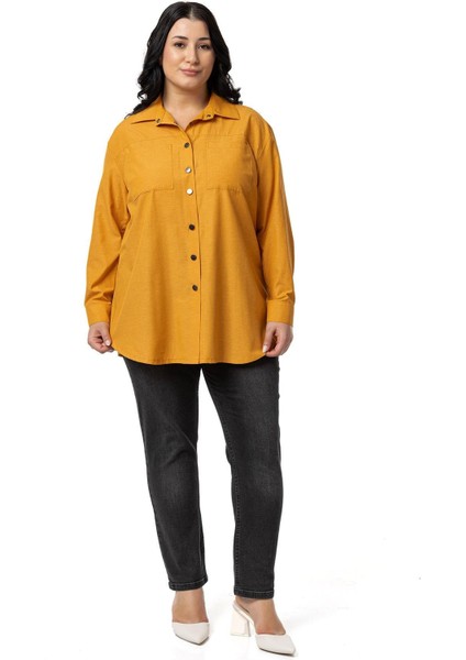 Büyük Beden Çıtçıt Kapamalı Plikaşeli Manşetli Cepli Hardal Gömlek fiyatları