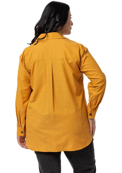 Büyük Beden Çıtçıt Kapamalı Plikaşeli Manşetli Cepli Hardal Gömlek modelleri