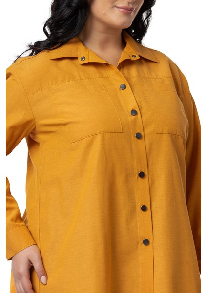 Büyük Beden Çıtçıt Kapamalı Plikaşeli Manşetli Cepli Hardal Gömlek fırsatları