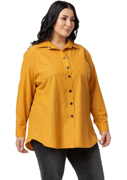 Büyük Beden Çıtçıt Kapamalı Plikaşeli Manşetli Cepli Hardal Gömlek indirimleri