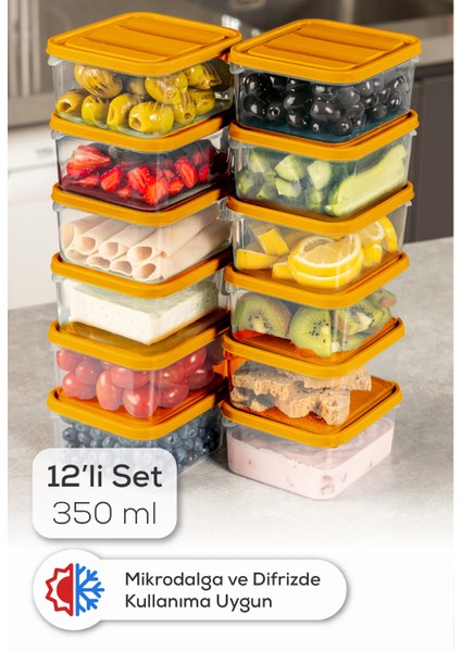 12’li 350 ml Buzdolabı Dondurucu Organizer Mikrodalga ve Difrize Uygun Saklama Kabı Turuncu