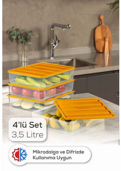 4’lü 3,5 Litre Buzdolabı Dondurucu Organizer Mikrodalga ve Difrize Uygun Saklama Kabı Turuncu