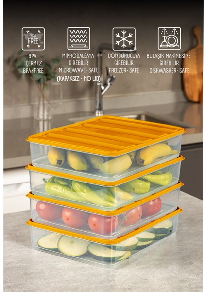 4’lü 3,5 Litre Buzdolabı Dondurucu Organizer Mikrodalga ve Difrize Uygun Saklama Kabı Turuncu modelleri