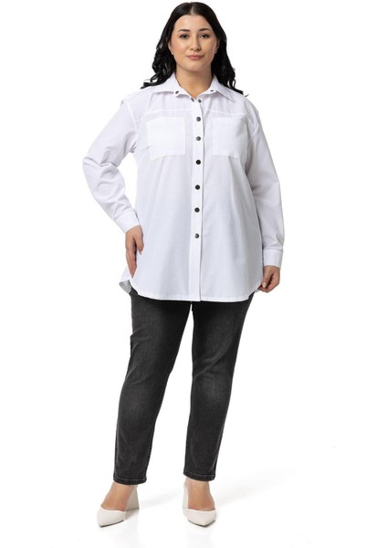 Büyük Beden Çıtçıt Kapamalı Plikaşeli Manşetli Cepli Beyaz Gömlek fiyatları