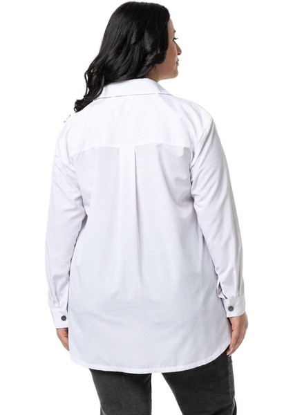 Büyük Beden Çıtçıt Kapamalı Plikaşeli Manşetli Cepli Beyaz Gömlek modelleri