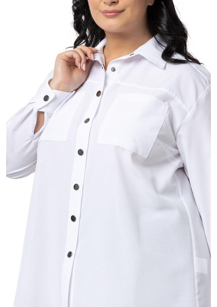 Büyük Beden Çıtçıt Kapamalı Plikaşeli Manşetli Cepli Beyaz Gömlek fırsatları