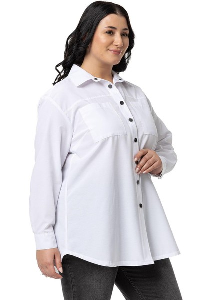 Büyük Beden Çıtçıt Kapamalı Plikaşeli Manşetli Cepli Beyaz Gömlek indirimleri