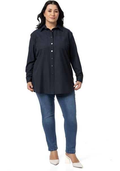 Büyük Beden Çıtçıt Kapamalı Plikaşeli Manşetli Cepli Lacivert Gömlek fiyatları
