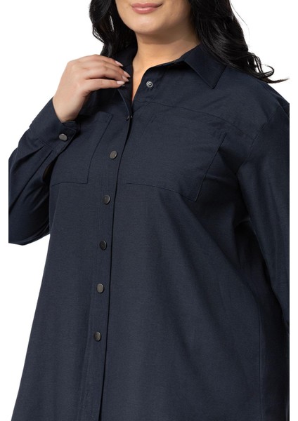 Büyük Beden Çıtçıt Kapamalı Plikaşeli Manşetli Cepli Lacivert Gömlek fırsatları