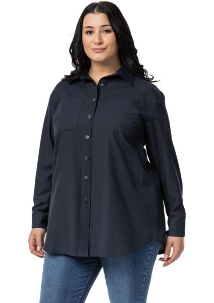Büyük Beden Çıtçıt Kapamalı Plikaşeli Manşetli Cepli Lacivert Gömlek indirimleri