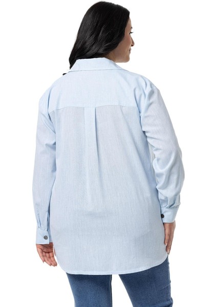 Büyük Beden Çıtçıt Kapamalı Plikaşeli Manşetli Cepli Mavi Gömlek modelleri