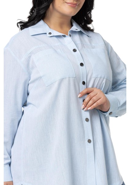 Büyük Beden Çıtçıt Kapamalı Plikaşeli Manşetli Cepli Mavi Gömlek fırsatları