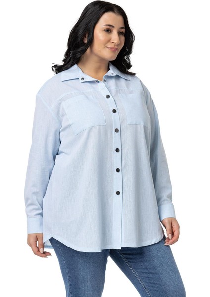 Büyük Beden Çıtçıt Kapamalı Plikaşeli Manşetli Cepli Mavi Gömlek indirimleri