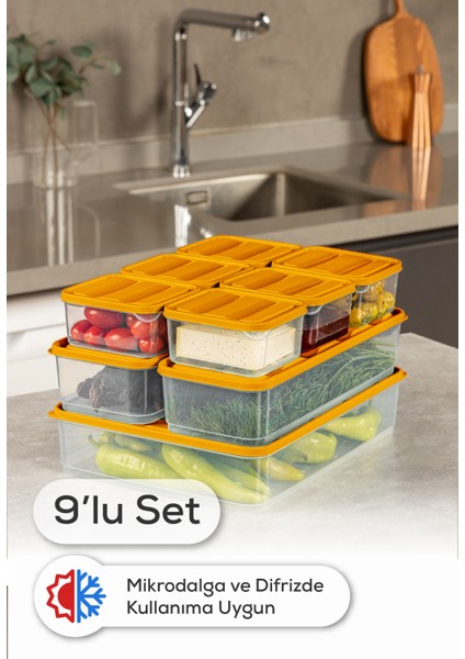 9’lu Buzdolabı Dondurucu Organizer Mikrodalga ve Difrize Uygun Saklama Kabı Turuncu 6x(350ML) 2x(1,65LT) 1x(3,5LT)