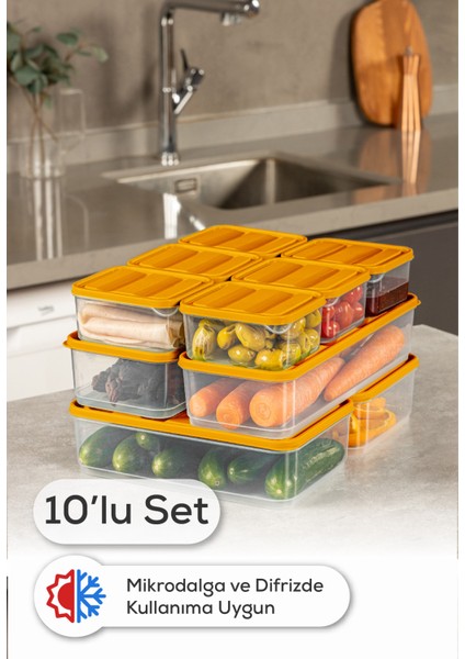 10’Lu Buzdolabı Dondurucu Organizer Mikrodalga ve Difrize Uygun Saklama Kabı Turuncu 6x(350ML) 2x(1,65LT) 2x(1,75LT)