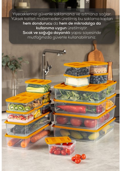 19’Lu Buzdolabı Dondurucu Organizer Mikrodalga ve Difrize Uygun Saklama Kabı Turuncu 12x(350ML) 4x(1,75LT) 2x(1,65LT) 1x(3,5LT)