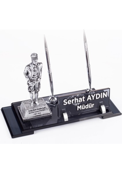 Atatürk Heykeli Biblolu Elit Kristal Isimlik Masa Isimliği Çift Kalemli Isimlik Lüks Ofis Hediye