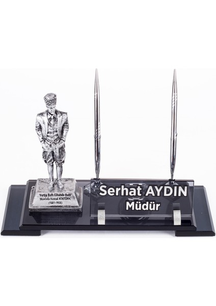 Atatürk Heykeli Biblolu Elit Kristal Isimlik Masa Isimliği Çift Kalemli Isimlik Lüks Ofis Hediye