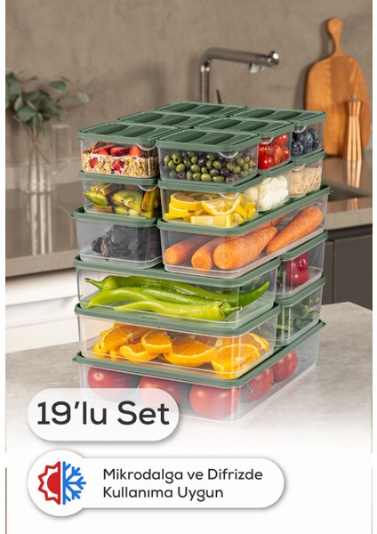 19’Lu Buzdolabı Dondurucu Organizer Mikrodalga ve Difrize Uygun Saklama Kabı Yeşil 12x(350ML) 4x(1,75LT) 2x(1,65LT) 1x(3,5LT)
