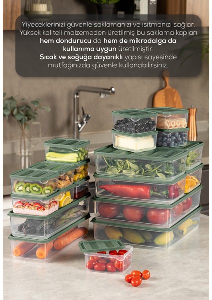 19’Lu Buzdolabı Dondurucu Organizer Mikrodalga ve Difrize Uygun Saklama Kabı Yeşil 12x(350ML) 4x(1,75LT) 2x(1,65LT) 1x(3,5LT)