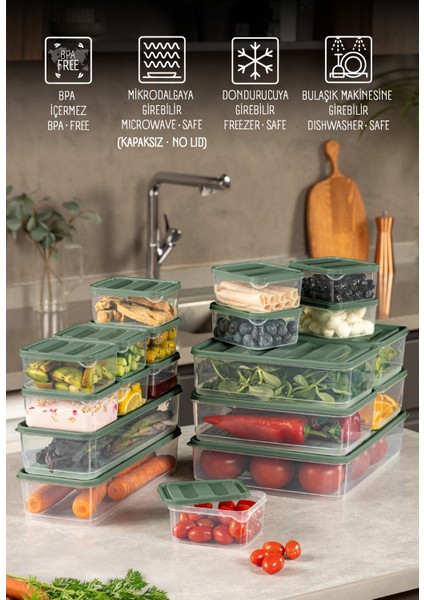 19’Lu Buzdolabı Dondurucu Organizer Mikrodalga ve Difrize Uygun Saklama Kabı Yeşil 12x(350ML) 4x(1,75LT) 2x(1,65LT) 1x(3,5LT)