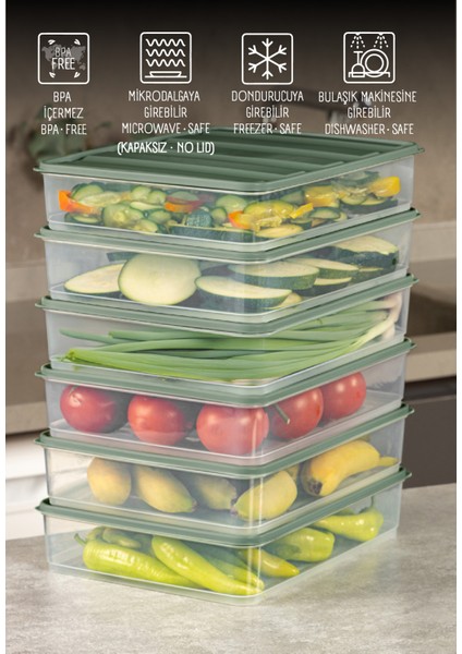 6’li 3,5 Litre Buzdolabı Dondurucu Organizer Mikrodalga ve Difrize Uygun Saklama Kabı Yeşil