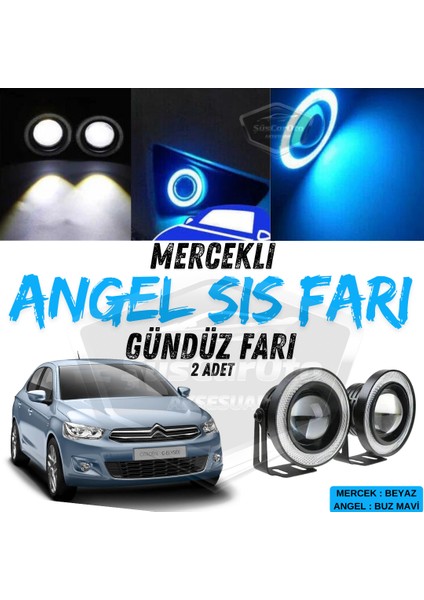 Citroen C Elysee 2012-2023 Uyumlu Üniversal Mercekli Angel Sis Farı Metal Su Geçirmez 76 mm Buz Mavi Halkalı Gündüz Farı Angel Eyes 2 Adet