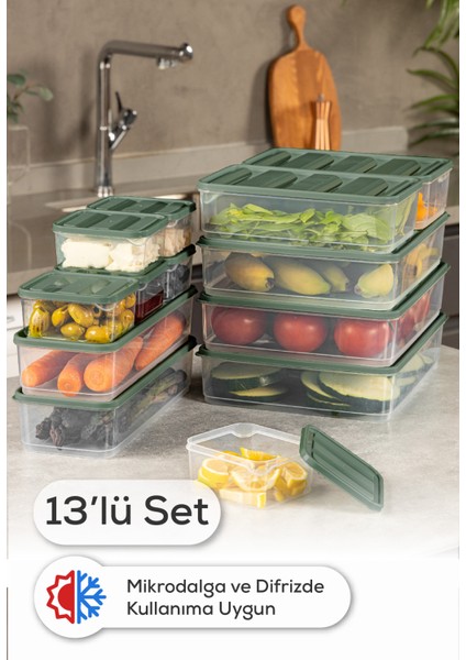 13’Lü Buzdolabı Dondurucu Organizer Mikrodalga ve Difrize Uygun Saklama Kabı Yeşil 6x(350ML) 2x(1,65LT) 3x(3,5LT) 2x(1,75LT)