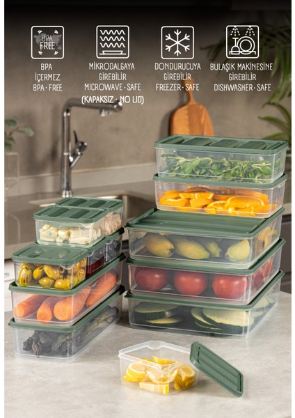 13’Lü Buzdolabı Dondurucu Organizer Mikrodalga ve Difrize Uygun Saklama Kabı Yeşil 6x(350ML) 2x(1,65LT) 3x(3,5LT) 2x(1,75LT)