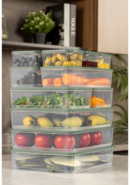 13’Lü Buzdolabı Dondurucu Organizer Mikrodalga ve Difrize Uygun Saklama Kabı Yeşil 6x(350ML) 2x(1,65LT) 3x(3,5LT) 2x(1,75LT)
