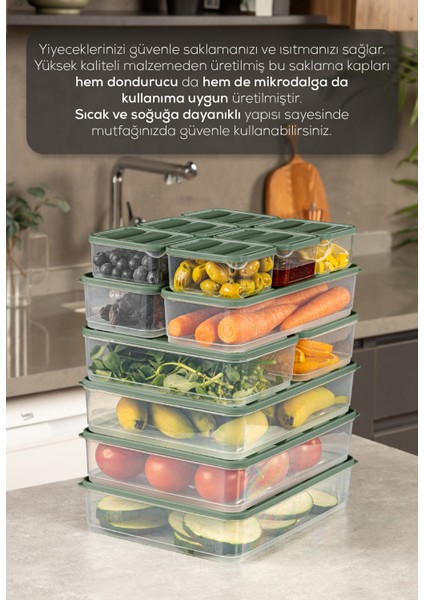 13’Lü Buzdolabı Dondurucu Organizer Mikrodalga ve Difrize Uygun Saklama Kabı Yeşil 6x(350ML) 2x(1,65LT) 3x(3,5LT) 2x(1,75LT)