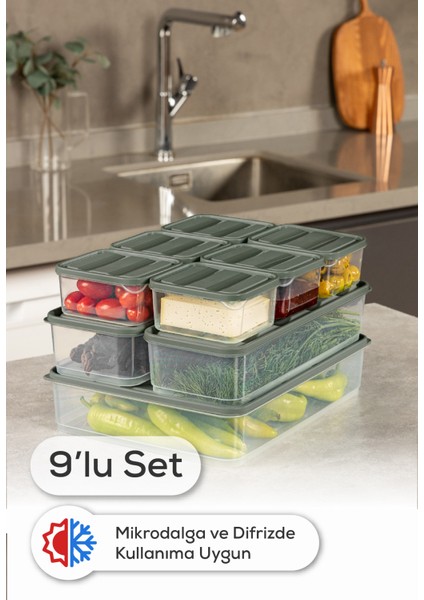 9’lu Buzdolabı Dondurucu Organizer Mikrodalga ve Difrize Uygun Saklama Kabı Yeşil 6x(350ML) 2x(1,65LT) 1x(3,5LT)