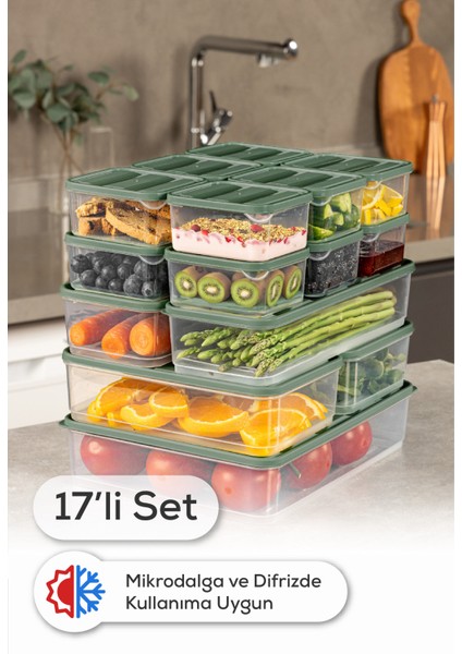 17’li Buzdolabı Dondurucu Organizer Mikrodalga ve Difrize Uygun Saklama Kabı Yeşil 12x(350ML) 2x(1,65LT) 2x(1,75LT) 1x(3,5LT)