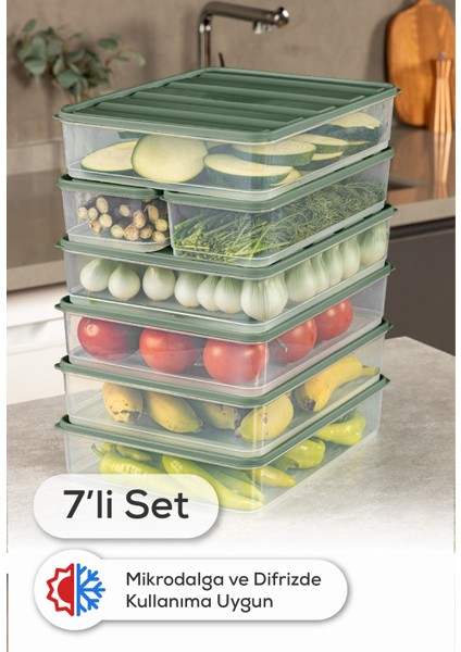 7’li Buzdolabı Dondurucu Organizer Mikrodalga ve Difrize Uygun Saklama Kabı Yeşil 5x(3,5LT) 2x(1,65LT)