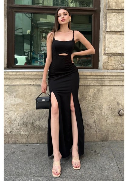 Ip Askılı Çift Yırtmaç Detaylı Dekolteli Maxi Boy Elbise DFL4006