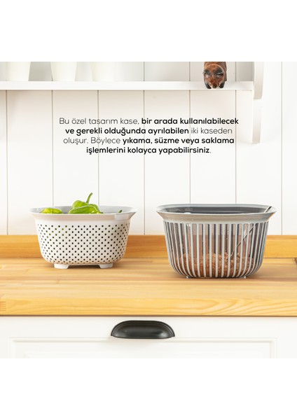 4 Litre Kare Kase Ayrı Süzgeçli Antrasit-Füme