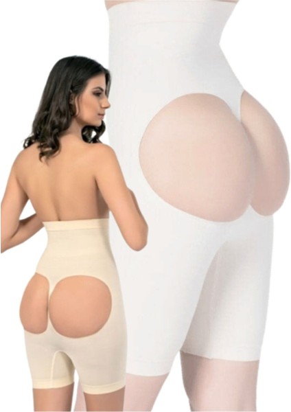 Kadın S-M-L-XL-2XL Beden Ten Popo Açık Dikişsiz Yüksek Bel Paçalı Korse Ten