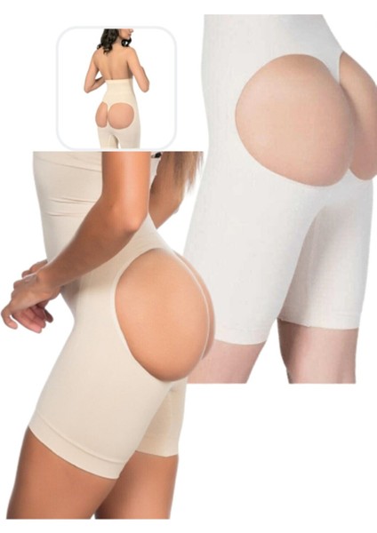 Kadın S-M-L-XL-2XL Beden Ten Popo Açık Dikişsiz Yüksek Bel Paçalı Korse Ten